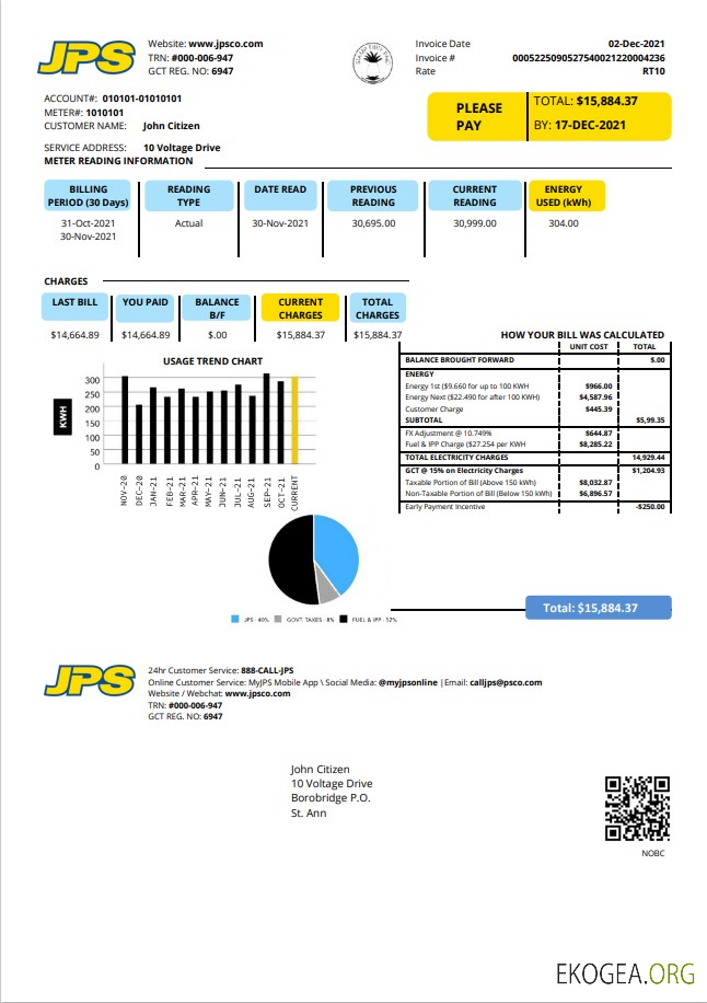 Jamaica Public Service Company Limited (JPS) electricity utility bill template in Word and PDF format